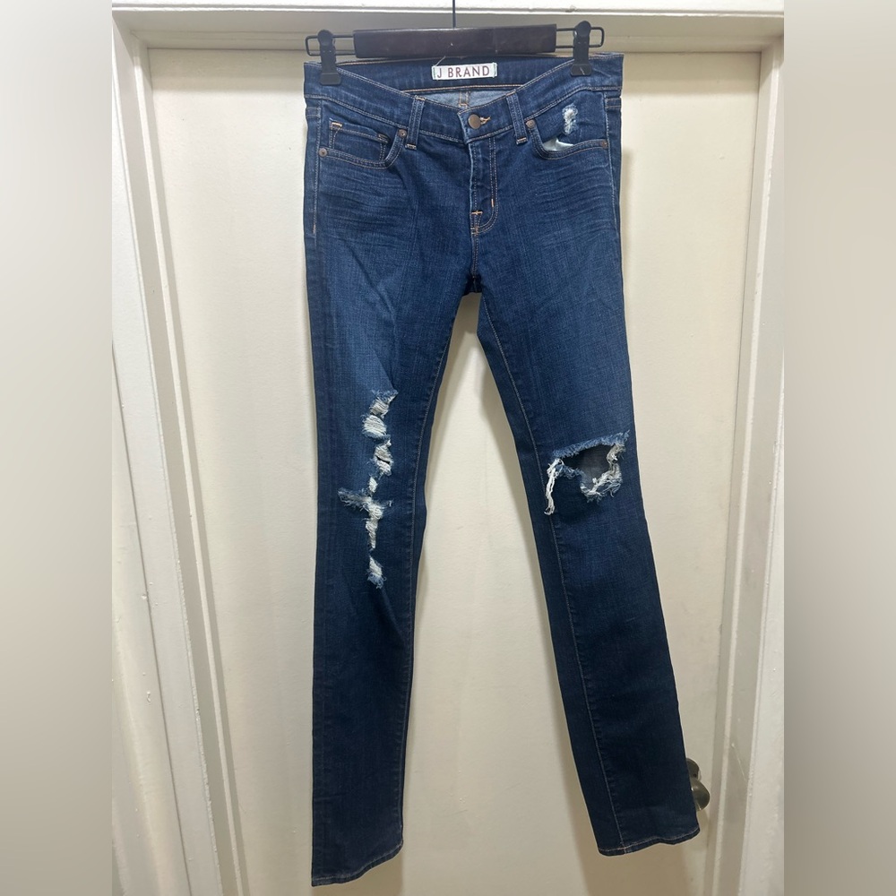 J Brand Jeans Womens 27 Blue Pencil Leg Low Rise Dark Wash Denim Distressed Tall